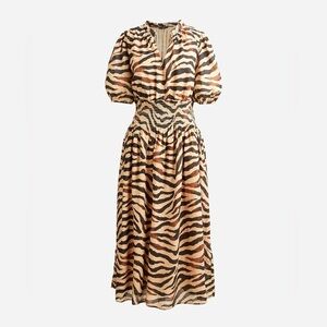 J. Crew Smocked-Waist Cotton Voile Dress in Brown Zebra Stripe, Size 2X